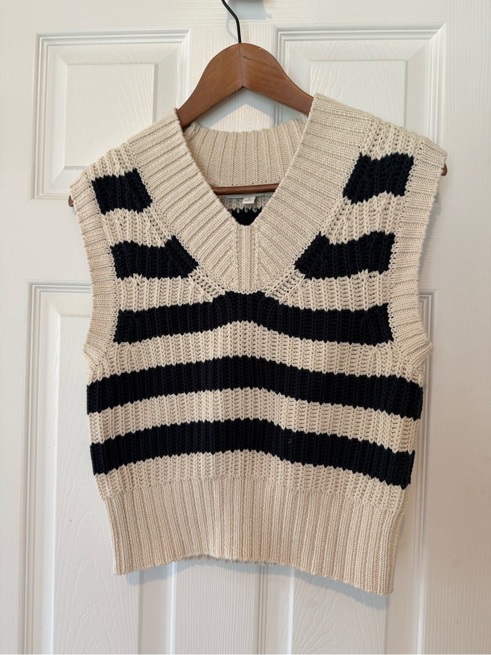 Banana Republic Cream and Black Striped V-Neck Sweater Vest